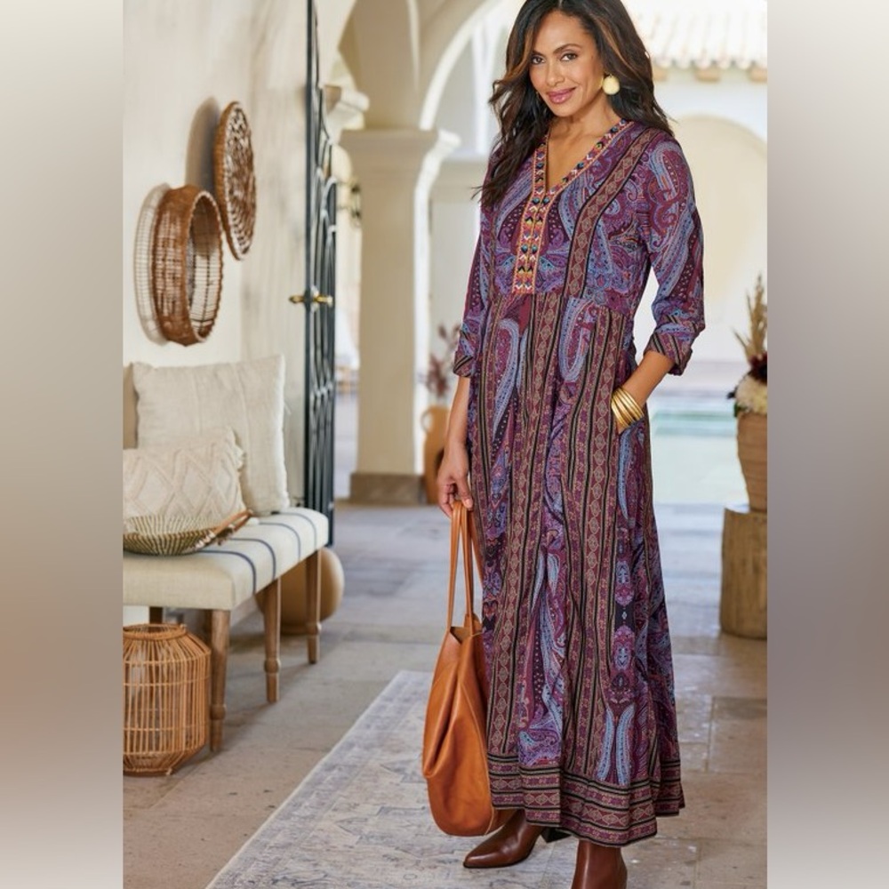 SOFT SURROUNDINGS size L Mira Maxi Dress Paisley Crepe Beaded Embroidered